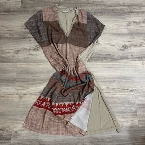 ZARA Bohemian V-Neck Patchwork Dress with Red Accents size small vacation dress